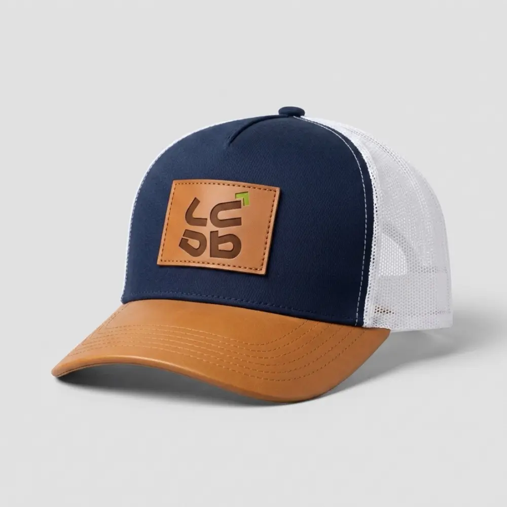 Boné trucker tela com aba de couro personalizado